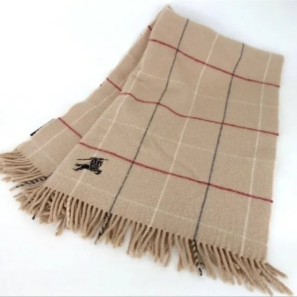 Authentic Burberry Wool Scarf Nova Check Plaid Tan Beige - Picture 1 of 6